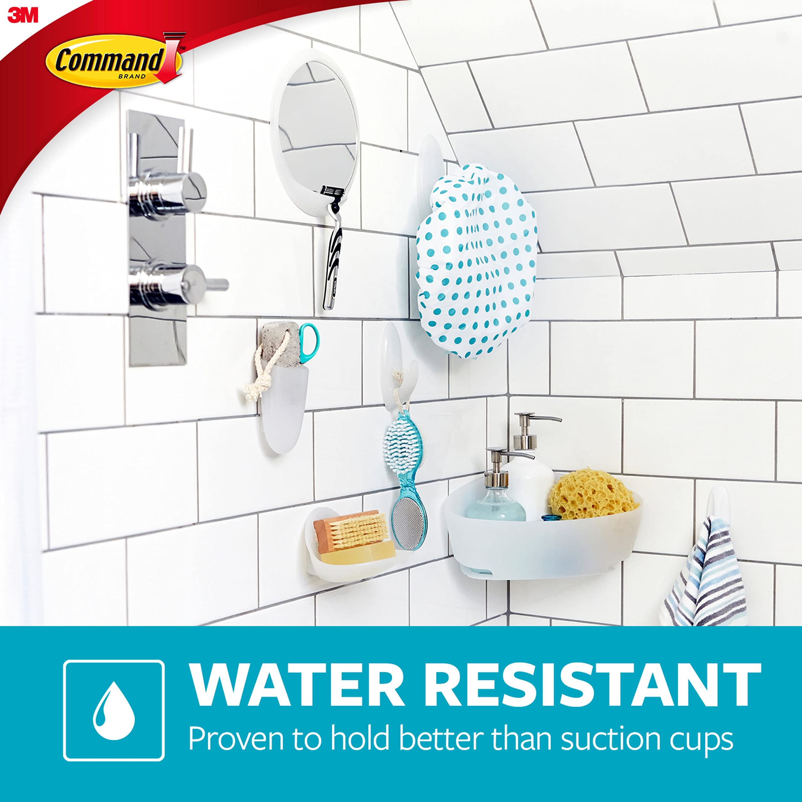 Command Bathroom Accessories, 5 Piece Bathroom Organizer Set - 1 Shower Caddy, 1 Soap Dish, 1 Toothbrush Holder, 2 Hooks With Wa